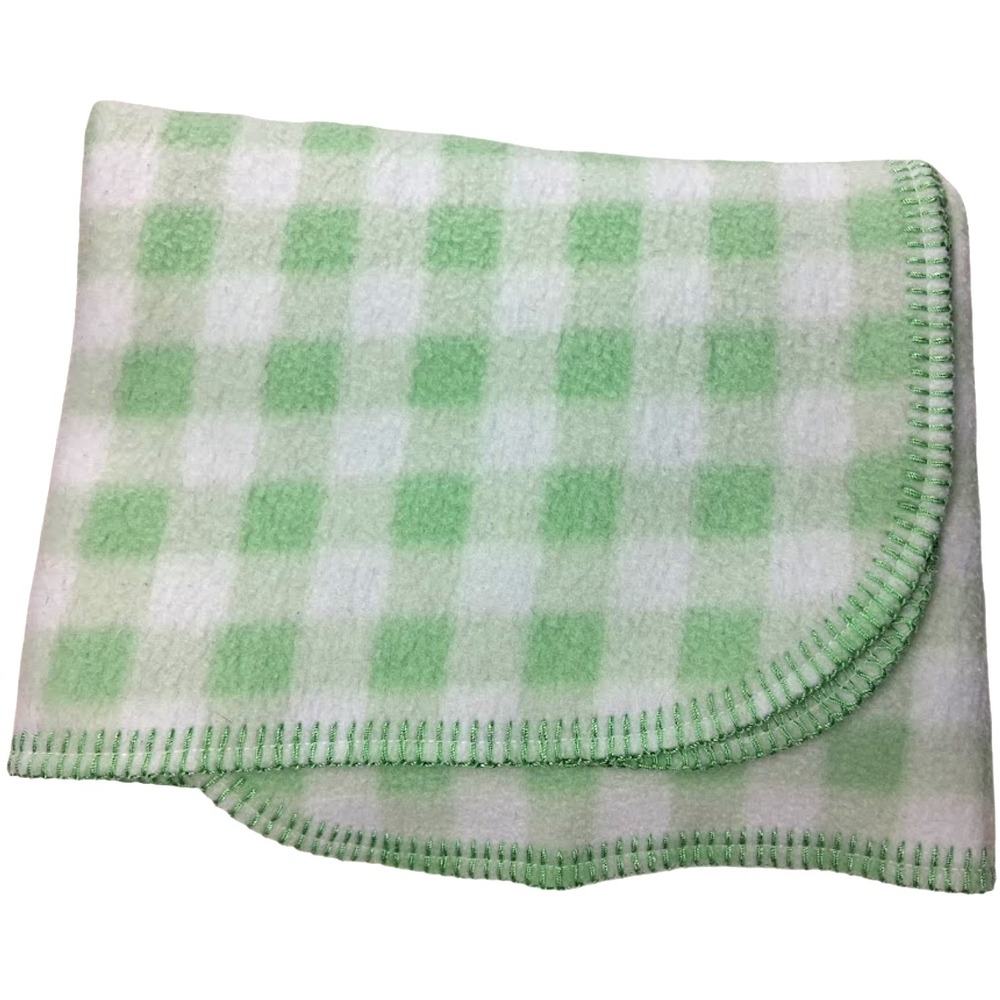 Vtg Simply Basic Green White Plaid Baby Blanket Soft Fleece Stitched Edge Lovey